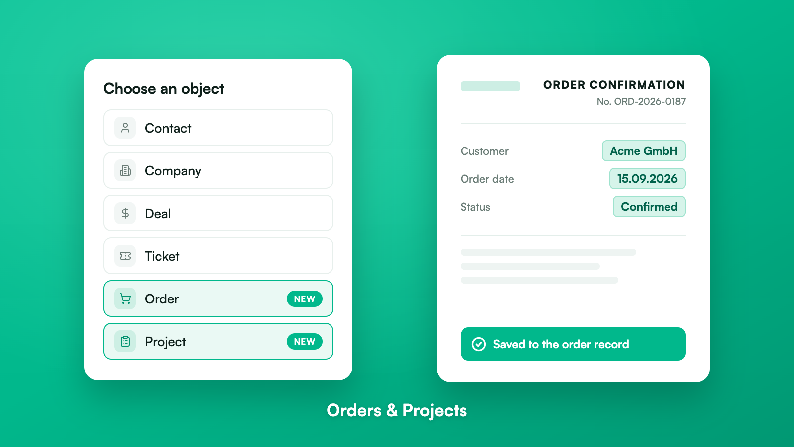 Choose Order or Project in PDF CreateMate and generate an order confirmation saved to the HubSpot record